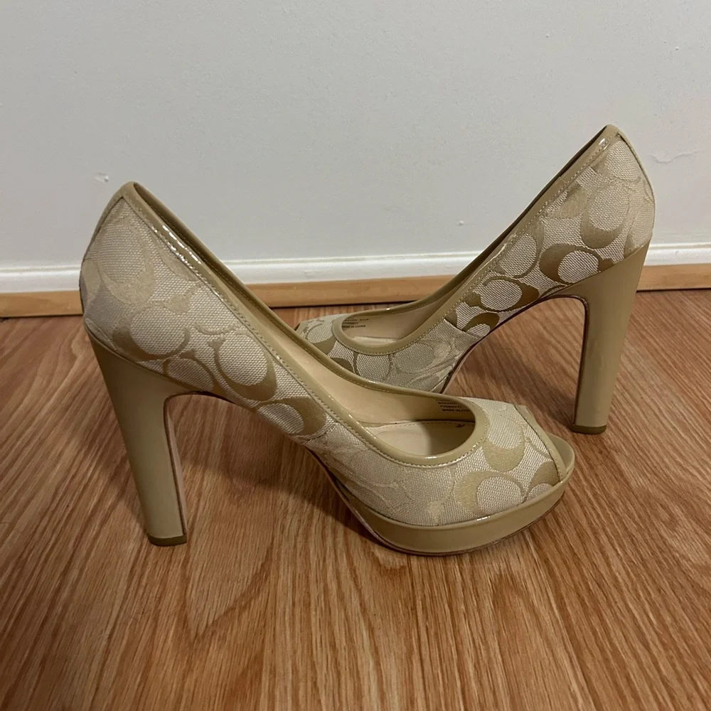 Coach Beige Signature Canvas Peep-Toe Platform Pumps - Picture 3 of 4